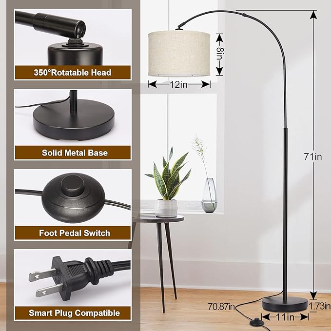 Seaside village Arc Floor Lamps for Living Room, Modern Standing Lamp with Adjustable Hanging Drum Shade, Tall Pole Lamp with Foot Switch, Over Couch Arched Reading Light for Bedroom, Office (Black) - Image 3