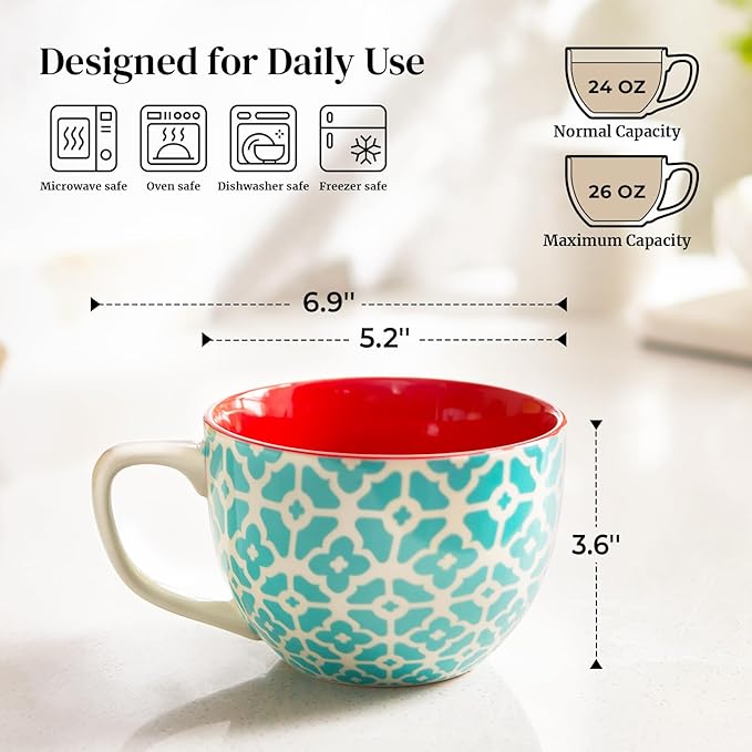 DOWAN Mosaian Soup Mugs, 24oz Large Coffee Mugs Set of 4, Soup Mugs With Handles, Ceramic Mugs for Soup/Coffee/Cereal/Latte, Thanksgiving and Christmas Gifts for Family and Friends - Image 2