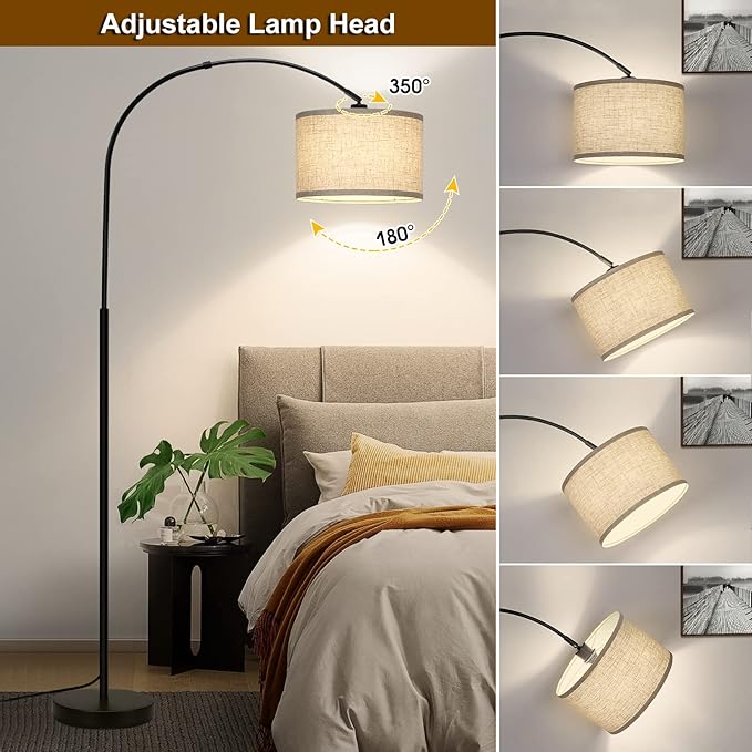 Seaside village Arc Floor Lamps for Living Room, Modern Standing Lamp with Adjustable Hanging Drum Shade, Tall Pole Lamp with Foot Switch, Over Couch Arched Reading Light for Bedroom, Office (Black) - Image 2