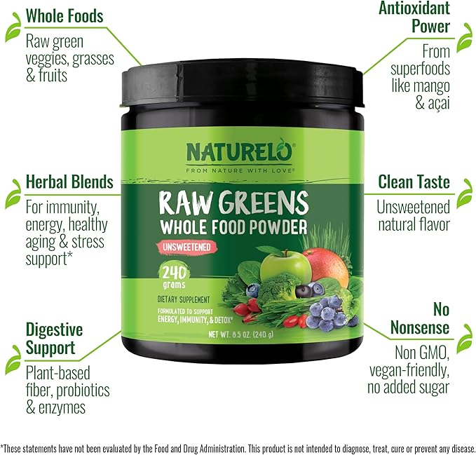 NATURELO Raw Greens Superfood Powder - Unsweetened - Boost Energy, Detox, Enhance Health - Organic Spirulina - Wheat Grass - Whole Food Nutrition from Fruits & Vegetables - 240 Grams - Image 2